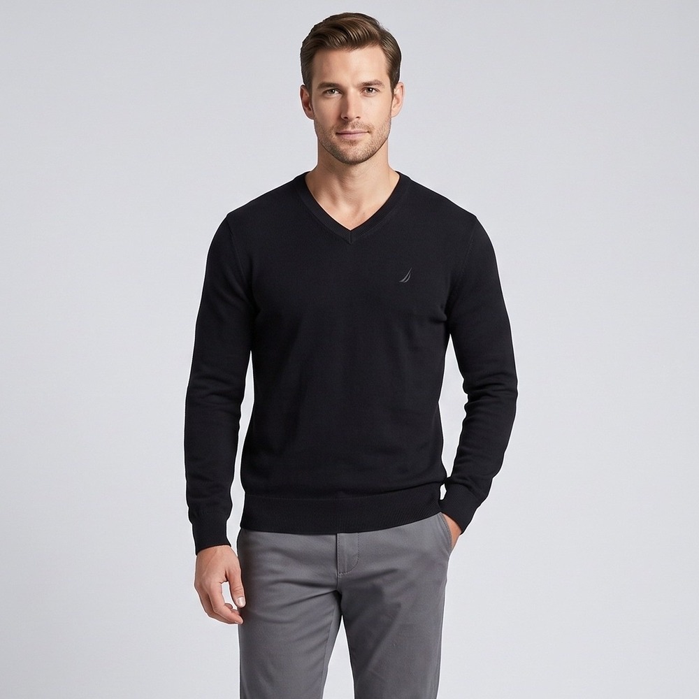 Nautica Mens Medium Black Sweater Luxury Performance V-Neck Cotton Knit Logo